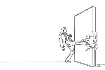 Continuous one line drawing Arab businesswoman doing kung fu or karate kick to destroy brick wall. Business concept of obstacle, solution. Obstruction ruined with force. Single line draw design vector