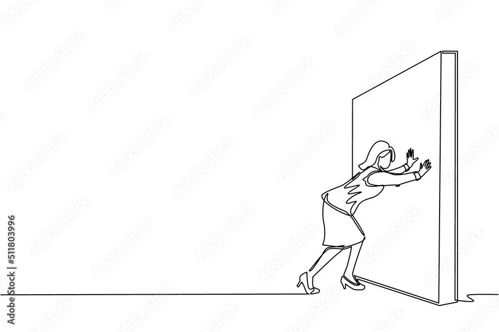 Poster Single continuous line drawing businesswoman pushing wall. Successful career and brainstorm, career growth and problem solution, smart idea, professional development concept. One line design vector