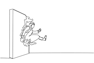 Continuous one line drawing Arabian businessman run and breaking through brick wall. Leadership concept. Business concept of obstacle and solution. Single line draw design vector graphic illustration
