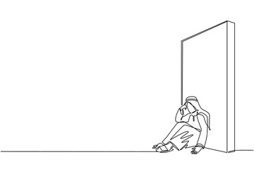 Single continuous line drawing upset Arabic businessman sitting on floor and lean against wall. Business concept in failure, sad, lonely, bankruptcy or negative expression. One line draw design vector