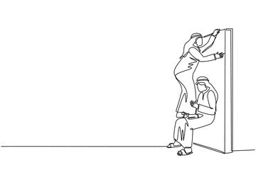 Single one line drawing Arabic businessman helping to lift another businessman over brick wall. Help, assistance and team concept. Business metaphor. Continuous line design graphic vector illustration