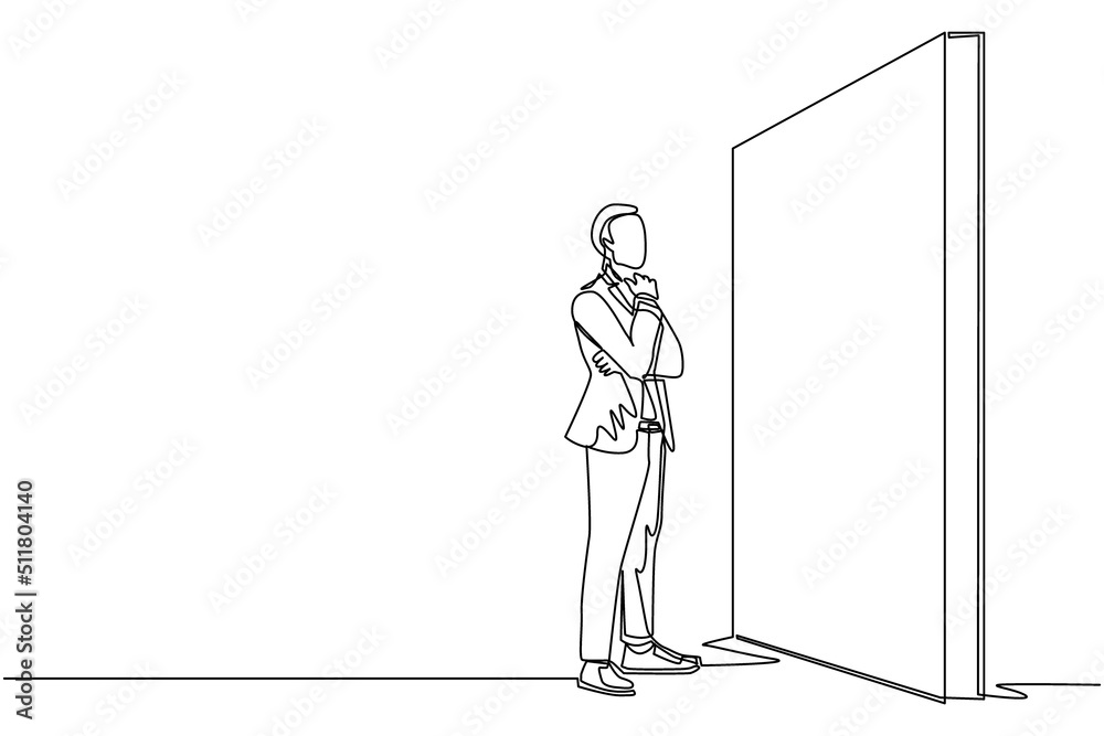 Wall mural single one line drawing businessman thinking in front of big obstacle or wall. abstract representing
