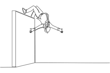 Fototapeta na wymiar Single one line drawing businessman jumping over brick wall with acrobatic over head style to achieve his goal. Businessman jumping over the wall of barriers. Modern continuous line draw design vector