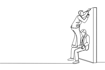 Single one line drawing businessman helping to lift another businessman over brick wall. Help, assistance and team concept. Business metaphor. Continuous line draw design graphic vector illustration