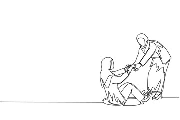 Fototapeta na wymiar Single one line drawing Arab businesswoman helping her friend by take her out from hole. Two women one of whom helps another. Business struggle. Continuous line draw design graphic vector illustration