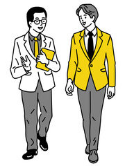 Cute character illustration of two young businessman walking together forward, chatting and discussing. Business concept in partnership, colleagues, corporation. Outline, linear, thin line art.  