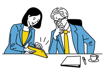 Cute character illustration of senior manager looking at digital tablet screen, with his young secretary pointing and presenting something. Outline, linear, thin linear art, hand drawn sketch design.
