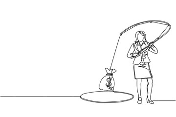 Single continuous line drawing businesswoman holding fishing rod got big money bag from hole. Woman catching money bag with fishing rod. Business concept. One line graphic design vector illustration