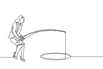 Single continuous line drawing businesswoman holding fishing rod from hole. Woman fishing with rod. Business investment concept. Make money from idea. One line draw graphic design vector illustration