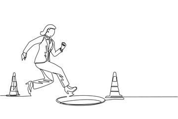 Continuous one line drawing blindfolded businesswoman running to find money with pit hole. Woman runs to business trap. Blind investment concept. Metaphor. Single line draw design vector illustration