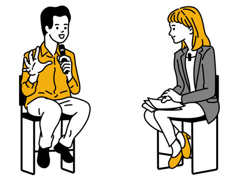 Cute character illustration of talk show conventions with woman as journalist or interviewer, and man guest, holding microphone doing public speaking. outline, linear, thin line art, simple style.