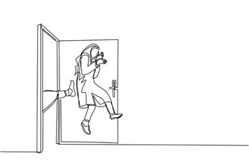Single continuous line drawing Arabian businesswoman get kicked out of door. Dismissed from her job. Unemployment business concept. Boss kicks unnecessary employee. One line draw graphic design vector