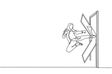 Obraz premium Single continuous line drawing Arab businesswoman kicks the door with flying kick until door shattered. Woman kicking locked door. Business concept of overcoming obstacles. One line draw design vector