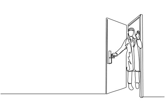 Single continuous line drawing Arab businesswoman looking from behind open door. Woman peeking of door and wave hands. Cheerful female standing in doorway. Dynamic one line draw graphic design vector
