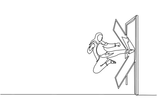 Single Continuous Line Drawing Arab Businesswoman Kicks The Door With Flying Kick Until Door Shattered. Woman Kicking Locked Door. Business Concept Of Overcoming Obstacles. One Line Draw Design Vector