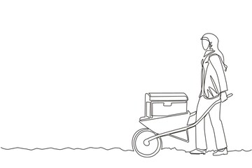 Continuous one line drawing Arabic businesswoman in hijab pushing cart with treasure chest. Wheelbarrow with gold, jewelry, treasures. Business, finance concept. Single line draw design vector graphic