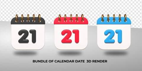 3d transparent calendar date 21 for meeting schedule, event schedule, vacation, work, school color black, red, blue