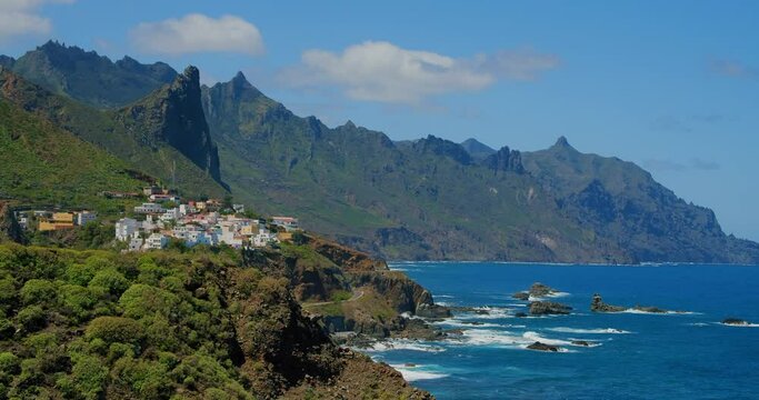Almaciga village and Mount Roque de las Animas. North of Tenerife, Anaga national park, Canary Islands, Spain.