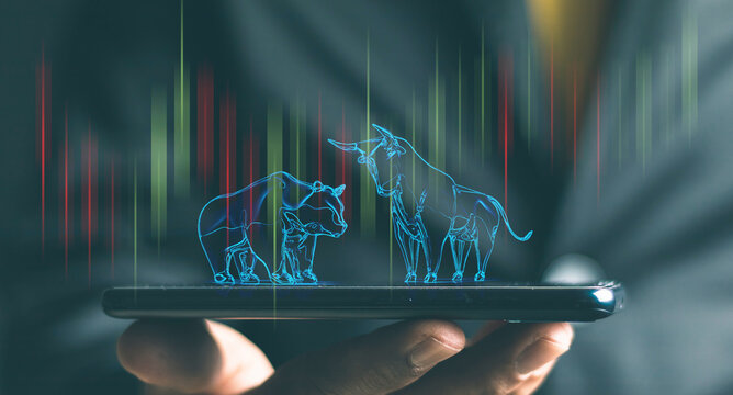 Bull And Bear Shape Writing By Lines And Dots Over The Stock Market Chart With Information Over The Modern Business Building Glass Of Skyscrapers, Trading And Finance Investment Concept