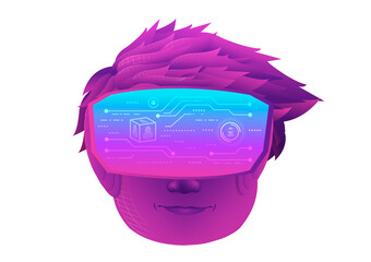 A Boy head use VR virtual reality goggle and white background