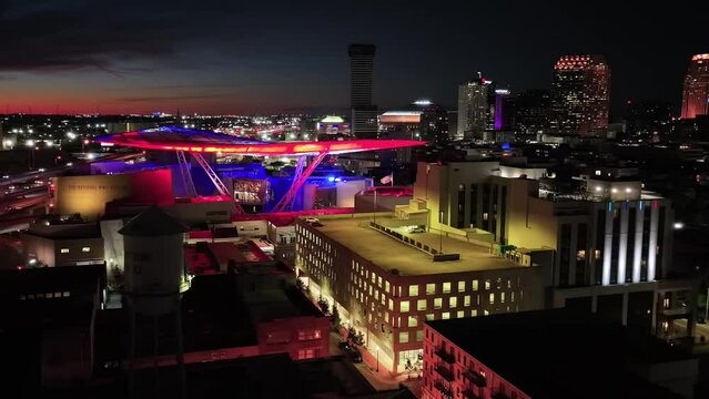 Aerial Flight Over Night New Orleans, Drone View, Downtown, Louisiana, Amazing Landscape