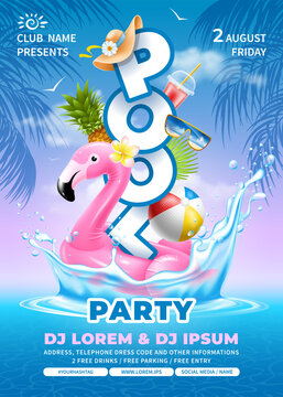 Bright and fun advertising poster template for pool party. Swim ring in pink flamingo shape, beach ball, some beach accessories falls into crystal clean pool water with splashes. Vector illustration
