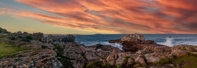 Panoramic view of the famous Hermanus cliff in a beautiful sunset overlooking the famous South...