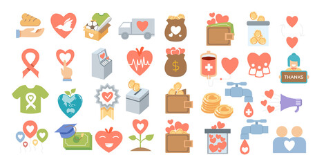 Hand drawn set of Donation Funds icons Elements. Vector illustration set Humanitarian support, social service alturism volunteer with alms, coin, wallet, money.