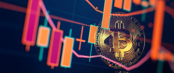 Bitcoin price crash in front of a red abstract virtual background. Stock Market Concept, digital...