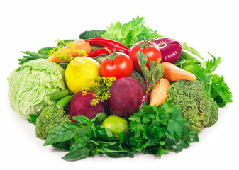 fresh vegetableHealthy Eating. Seasonal organic raw vegetables. Isolated over white background