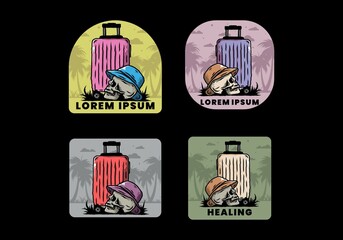 skull head wearing a hat under a traveling suitcase illustration