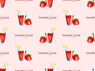 Tomato juice cartoon character seamless pattern on pink background. Pixel style