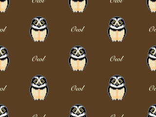 Owl cartoon character seamless pattern on brown background. Pixel style
