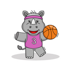Cartoon illustration of cute rhino playing basketball