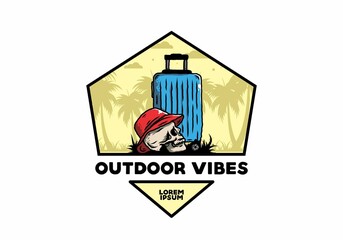 skull head wearing a hat under a traveling suitcase illustration