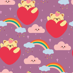 seamless pattern cartoon cat with heart shape, rainbow and clouds in purple background. cute wallpaper for fabric print, gift wrap paper