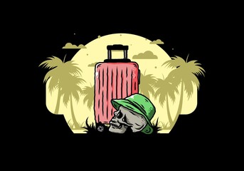 skull head wearing a hat under a traveling suitcase illustration
