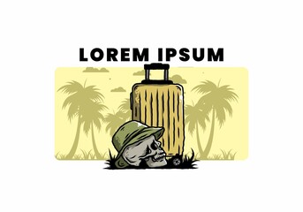 skull head wearing a hat under a traveling suitcase illustration