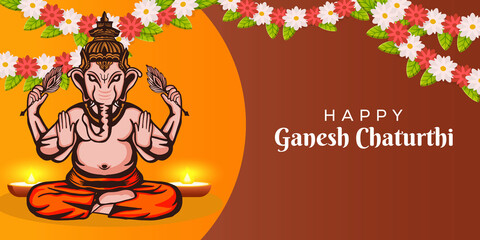 Ganesh chaturthi festival banner poster with flowers and lord Ganesh