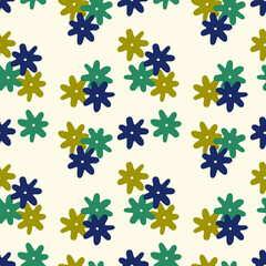 Cute seamless pattern with scattered flowers and dots. Simple girly print. Vector illustration.

