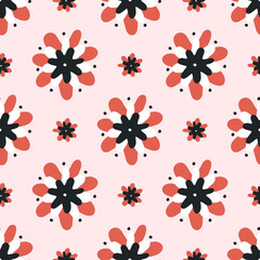 Cute seamless pattern with scattered flowers and dots. Simple girly print. Vector illustration.

