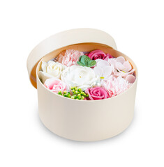Pastel flower in gift box isolated on white background, Save clipping path.