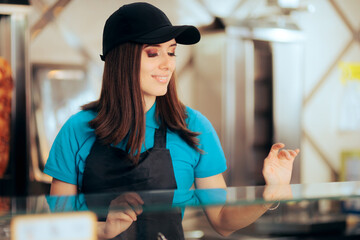 Fast Food Vendor Smiling from Behind the Counter. Restaurant employee working serving customers