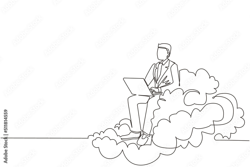 Poster single one line drawing businessman sitting on cloud in sky and working with laptop. wireless connec