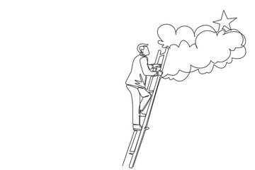 Single continuous line drawing businessman climbing ladder to reach out for the stars. Businessman climbing to goal. Motivation to be success, winner, finish, win. One line draw graphic design vector