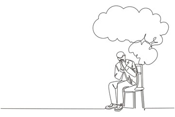 Continuous one line drawing businessman sitting under rain cloud. Business failure. Worried man thinking about business with negative trend. Collapse of economy. Single line draw design graphic vector