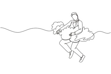 Single continuous line drawing businessman hang in the clouds. Hoping for success, financial freedom, winning business project, achievement concept. One line draw graphic design vector illustration