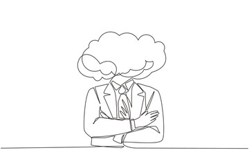Single one line drawing cloud head businessman. Man with empty head and cloud instead. Distracted, daydreaming, absent and impractical concept. Continuous line draw design graphic vector illustration