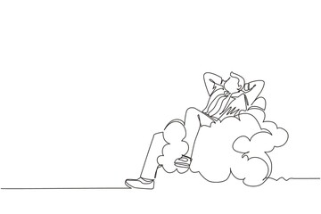 Single continuous line drawing relaxed and successful happy businessman relaxing laying on clouds. Break, vacation, coffee time and relaxation. Dynamic one line draw graphic design vector illustration