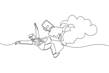 Single continuous line drawing businessman falling from sky. Failure and defeat. Employee dismissal and bankruptcy. Financial crisis. Person loses business and job. One line draw graphic design vector